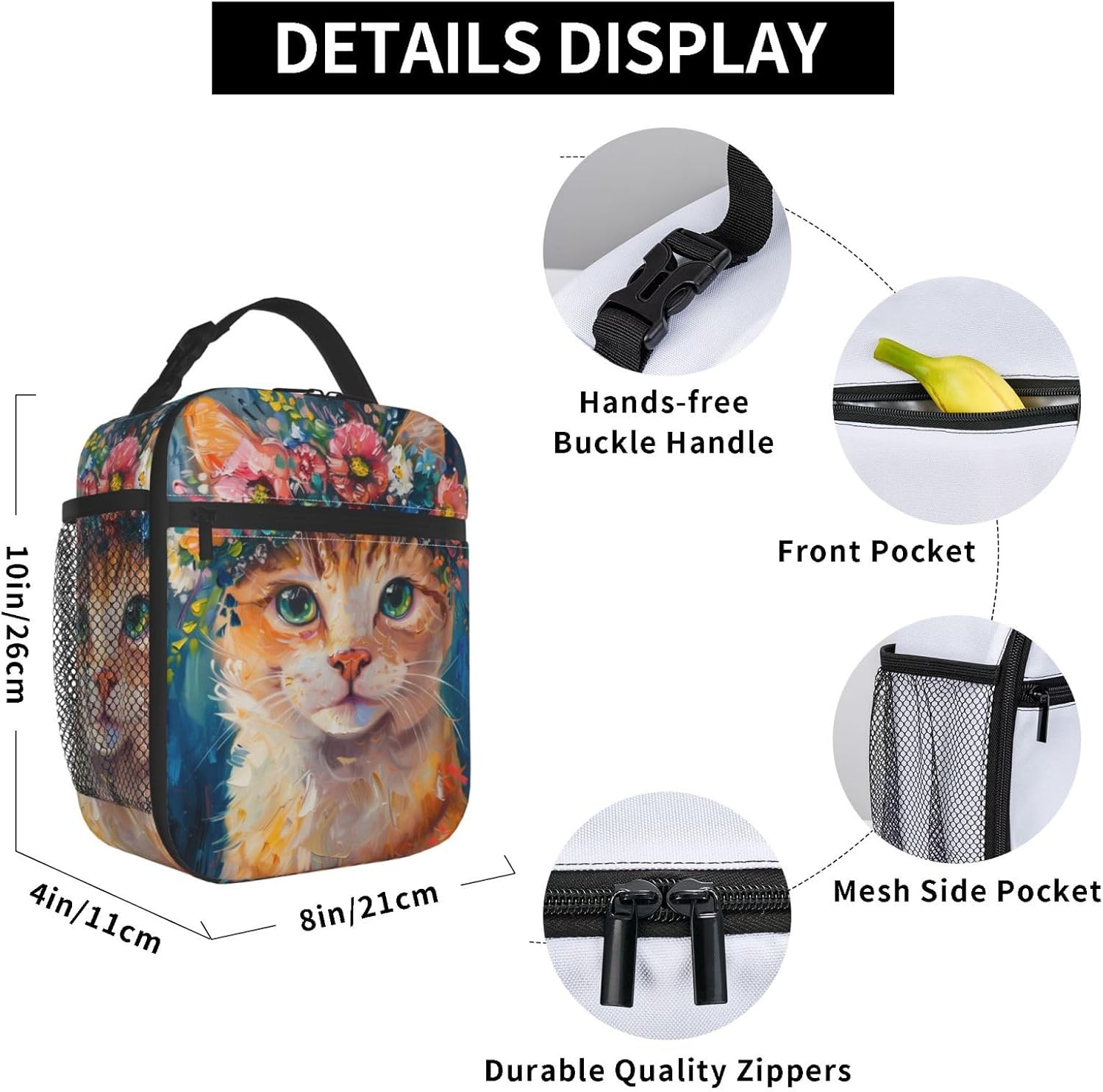 Insulated Lunch Box for Girls Women Kids Cat Lunch Bag for Work,Picnic,School,Travel,Hiking, Beach or Fishing Polyester Floral Flower Cat Lunch Box