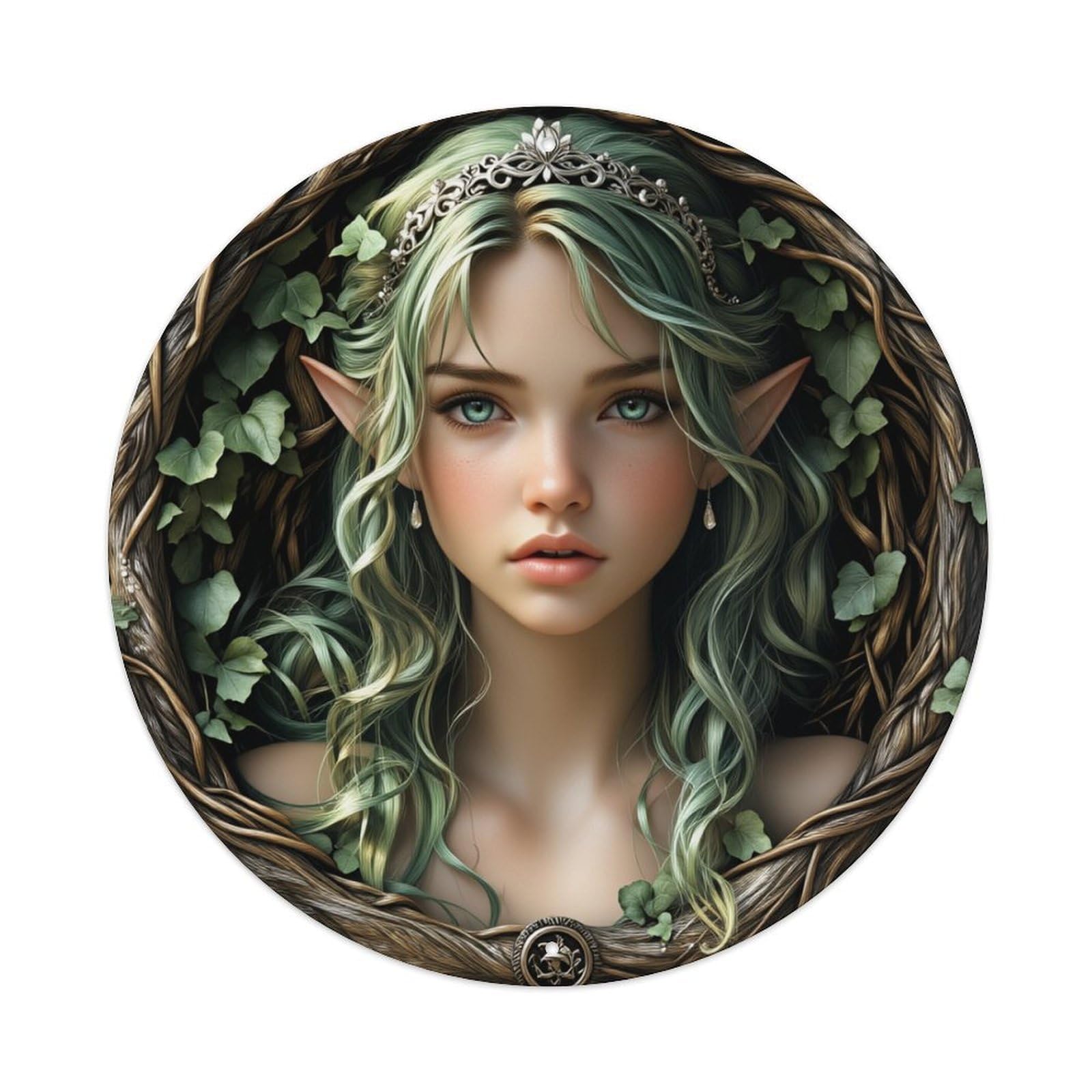 Elven Forest Crown Portrait Art Round Tin Sign Retro Metal Sign for Cafe Bar Pub Home Game Room Gym Club Wall Decoration Vintage Metal Poster 8x8 Inch