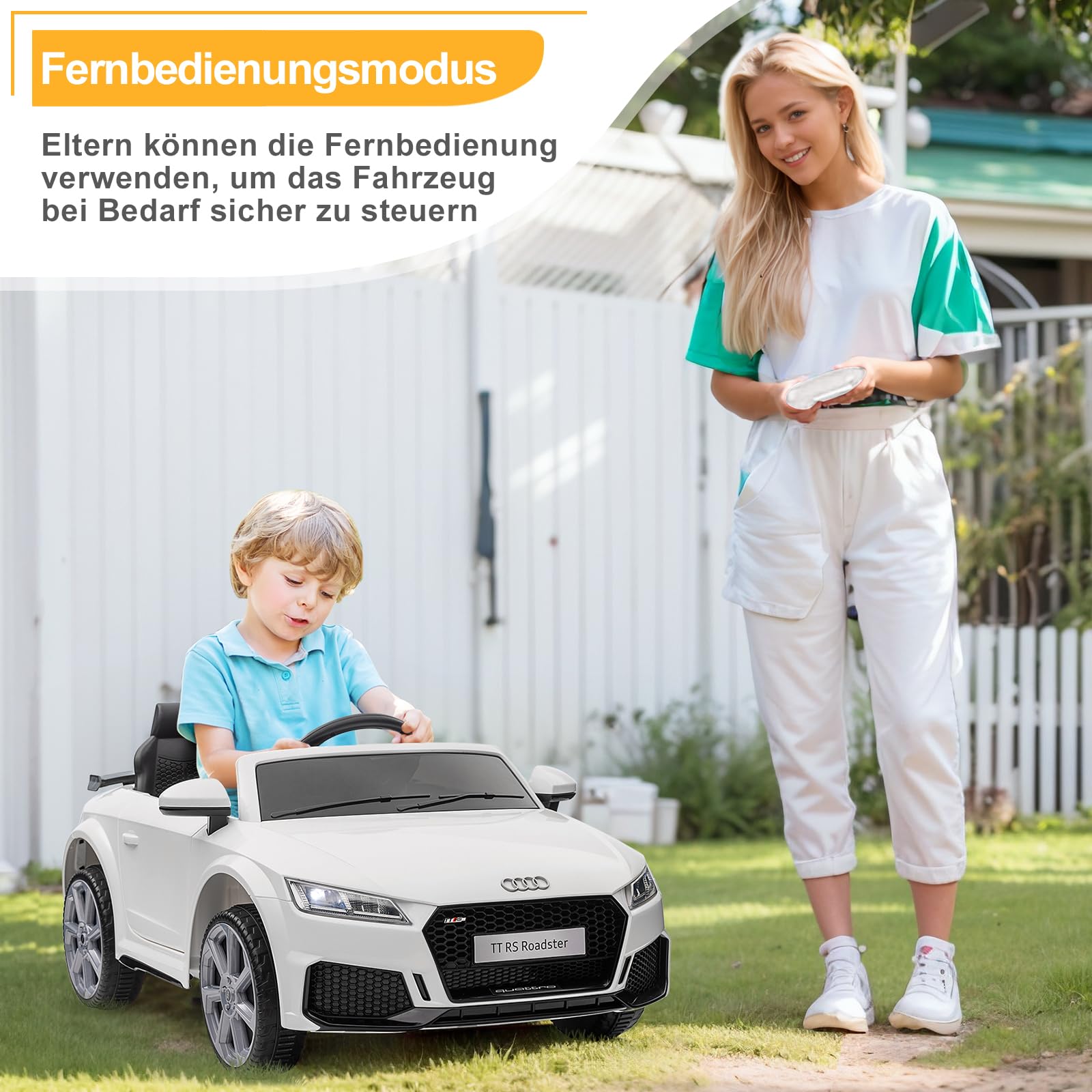 LEADZM Elektro Kinderauto mit Musik & Hupe & Scheinwerfer, 12V Kinder Elektroauto Kinderfahrzeug mit 2,4G Fernbedienung, 3-5km/h für Kinder (TTRS-Weiß)
