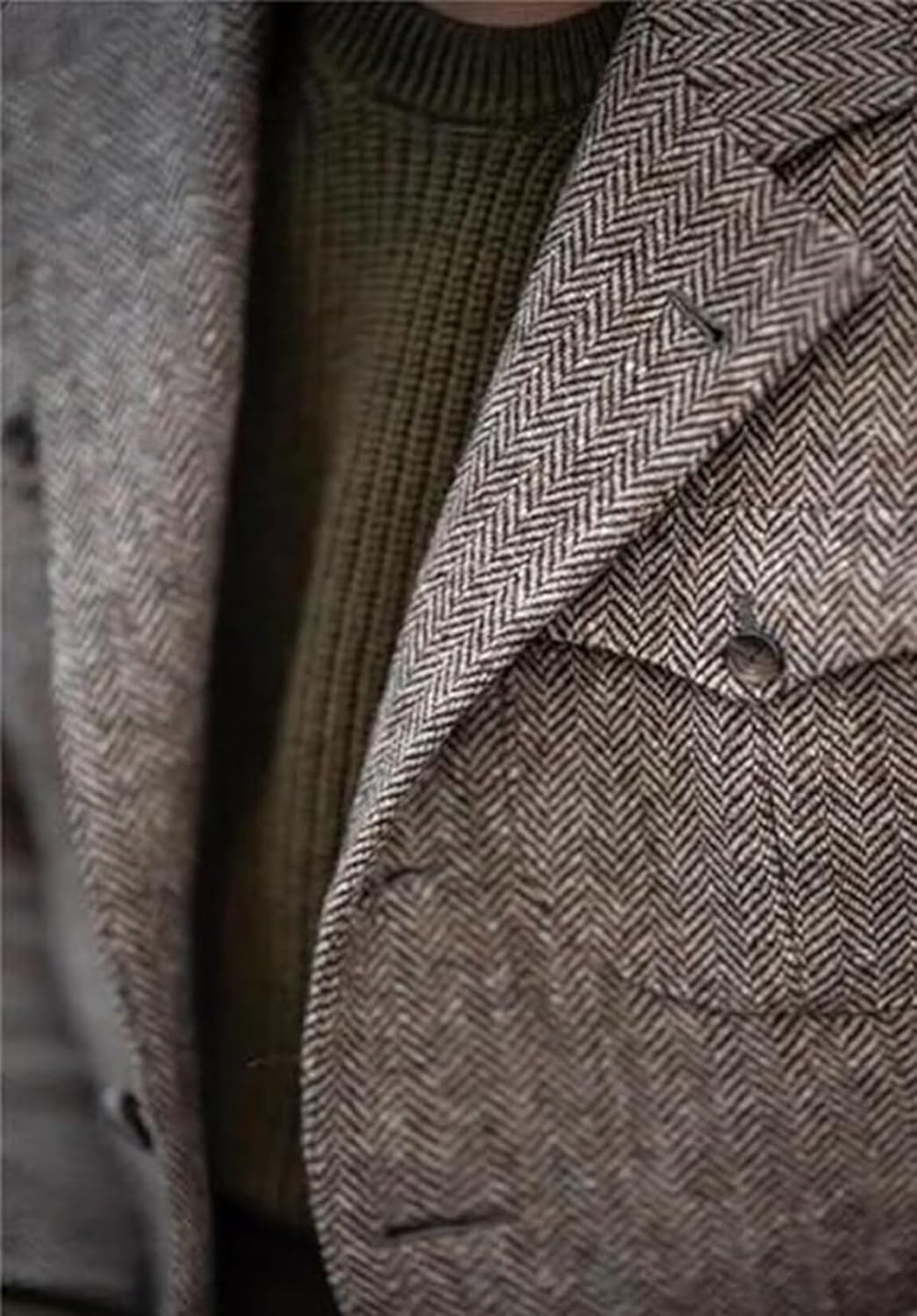 Men's Single Breasted Wool Blend Blazer Vintage Herringbone Casual Sport Jacket