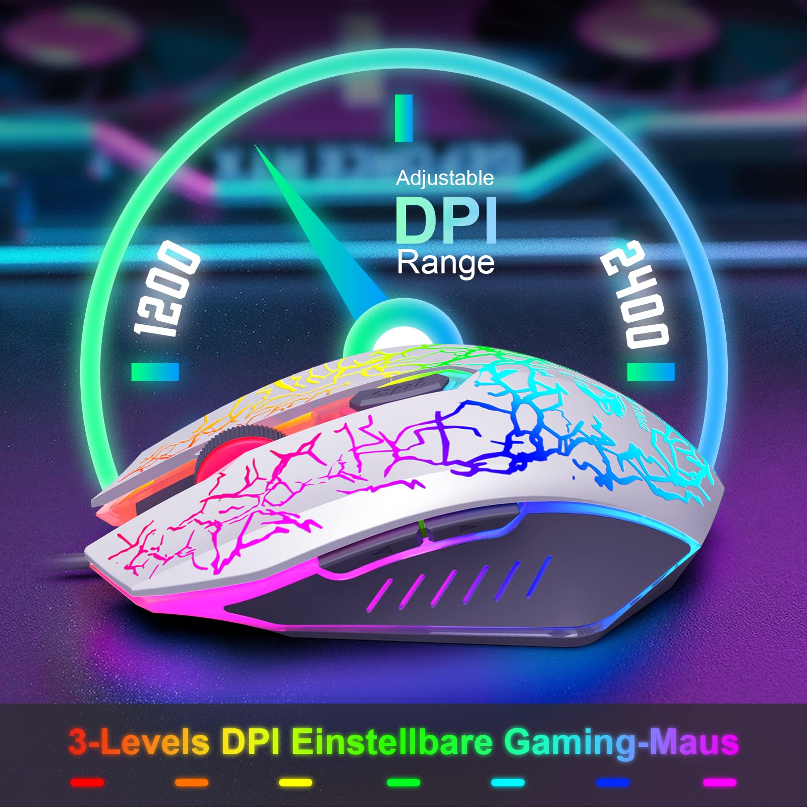 Teclado para juegos blanco con cable con ratón Diseño alemán QWERTZ Teclado con cable Retroiluminación LED RGB 2400 DPI Ratón de 6 botones Teclado y ratón compatible con PC PS5 PS4 Xbox