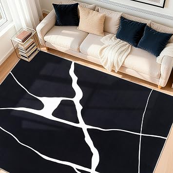 Abstract Washable Rug 8x10,Ultra Thin Non Slip Black Rugs for Living Room,Modern Minimalist White Stripe Rugs for Bedroom,Dining Room Office Playroom8'x10',Black-White