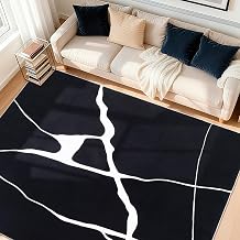 YIHOUSE Abstract Washable Rug 8x10,Ultra Thin Non Slip Black Rugs for Living Room,Modern Minimalist White Stripe Rugs for Bedroom,Dining Room Office Playroom8x10,Black-White