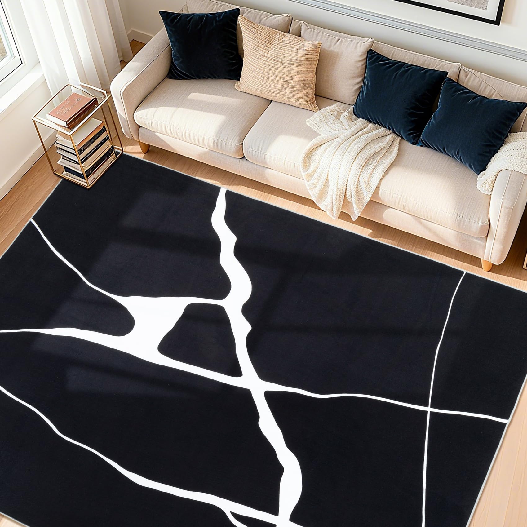 YIHOUSE Abstract Washable Rug 5x7,Ultra Thin Non Slip Black Rugs for Living Room,Modern Minimalist White Stripe Rugs for Bedroom,Dining Room Office Playroom (5'x7',Black-1)