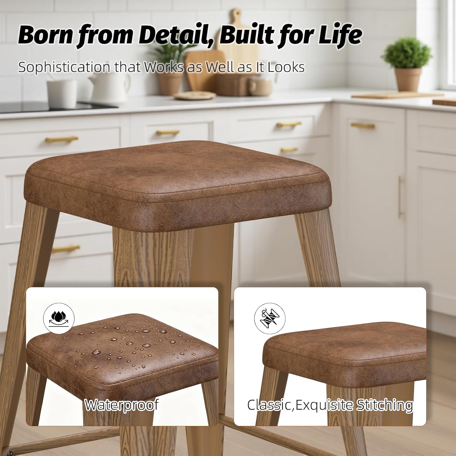 Metal Bar stools Set of 4, Upholstered Counter Height Bar Stools with Metal Legs, 24 Inch Industrial Barstools for Kitchen Island, Cafe (Camel Seat, Wood-Grain Legs)
