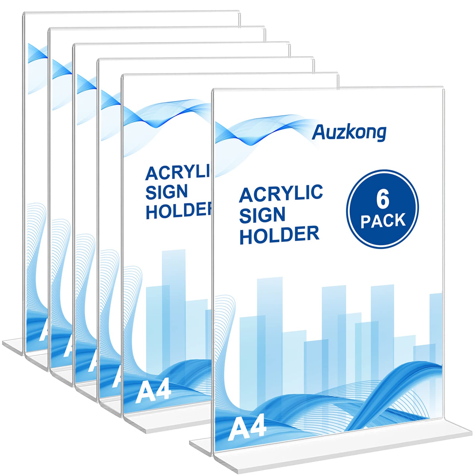 AuzkongA4 Acrylic Sign Holder, Double-Sided Vertical Display Stand, Plastic Paper Holder, T-shaped Desktop Display Stand, Table Menu Display Stand for Restaurants, Office, Show, Show (A4-6-Pack)