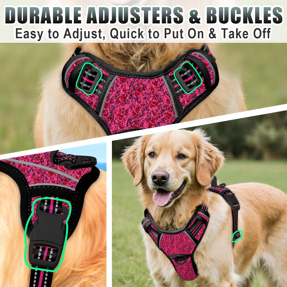 BARKBAY No Pull Dog Harness Large Reflective Dog Harness with Front Clip and Easy Control Handle for Walking Training Running with ID tag Pocket(Pink/Black,M)