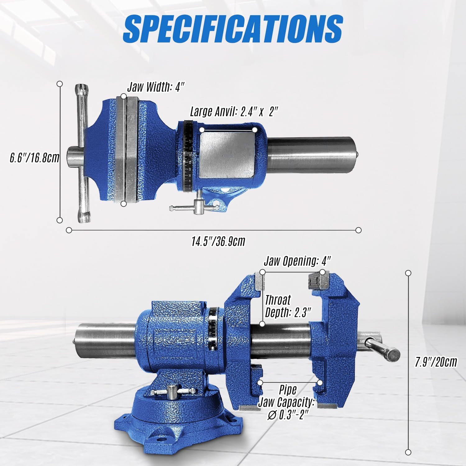 Heavy Duty Bench Vise, 4 Inch Jaw Width and Opening, 360° Swivel Base with Anvil, Multipurpose Clamp & Combination Pipe Vise for Woodworking, Metalworking, Conduit Work