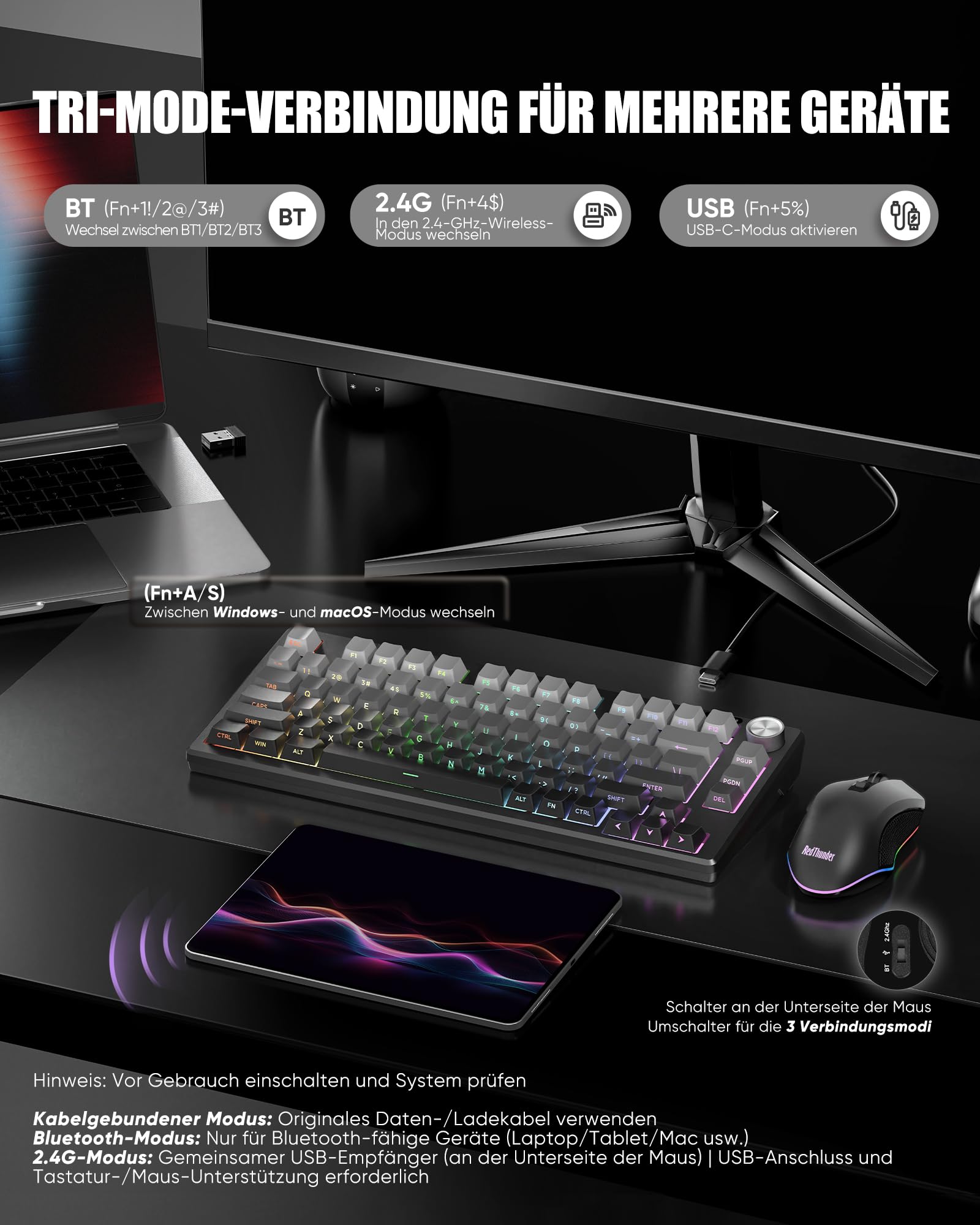 RedThunder K75 Gaming Tastatur und Maus Set Kabellos, 75% US Layout, TKL Membrantastatur, 2,4G/USB/BT, 4800 DPI, 4000 mAh (Gradient Grey)