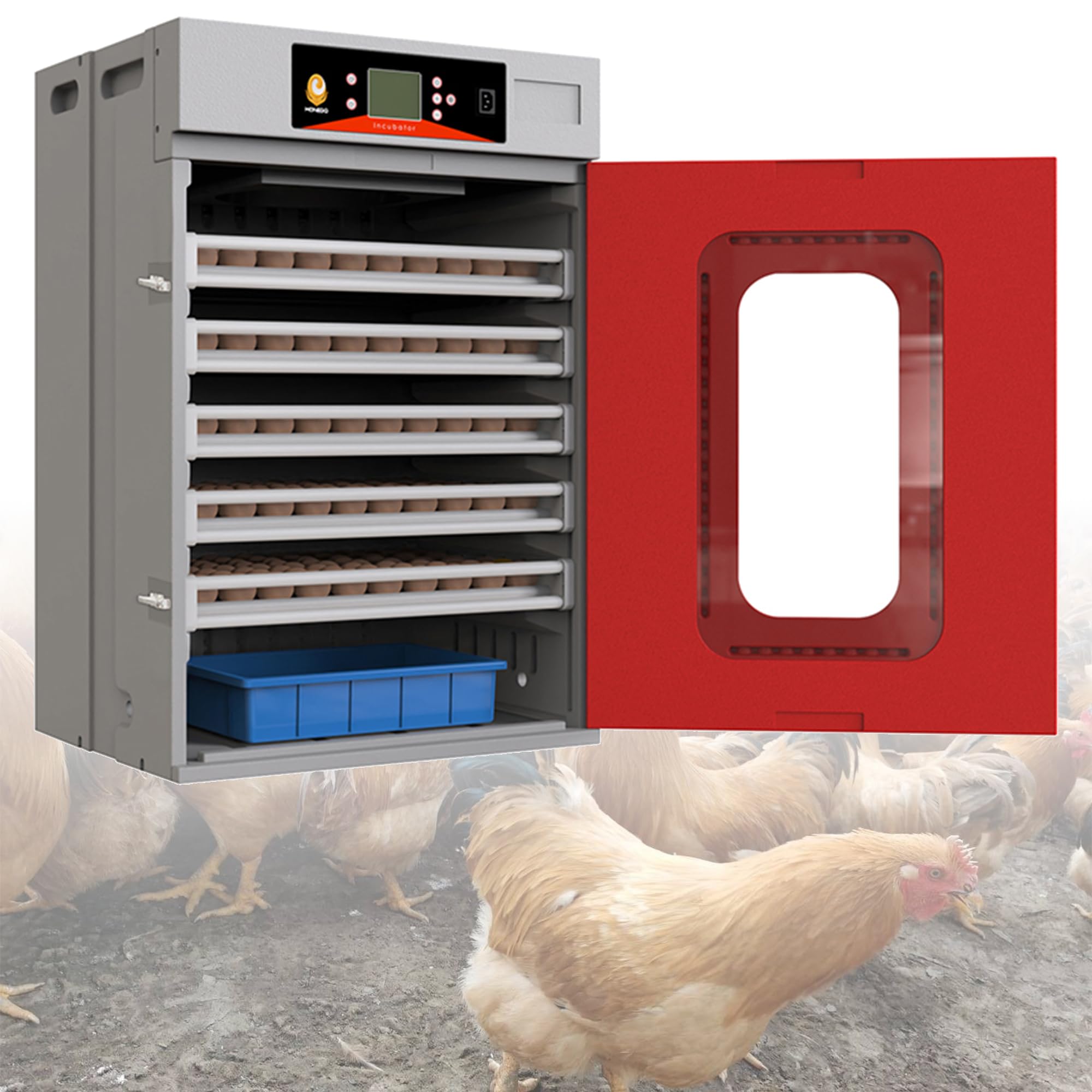 Commercial Digital Egg Incubator, 400-Egg Capacity, 360° Auto-Turning System with Digital Control, Red and Gray Cabinet, Temperature and Humidity