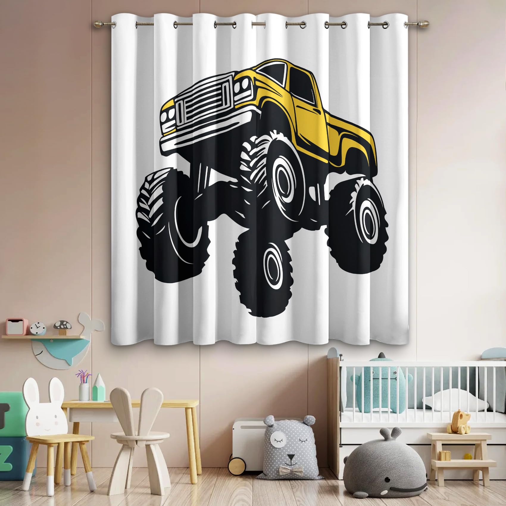 Générique Rideau Occultant Enfant Camion, Rideaux Motif Voiture Cartoon, Rideau Thermique Isolant à Oeillets, Rideaux Fenetre Imprimé pour Salon Chambre Décoration, Lot de 2, 75x166 cm GSJC82