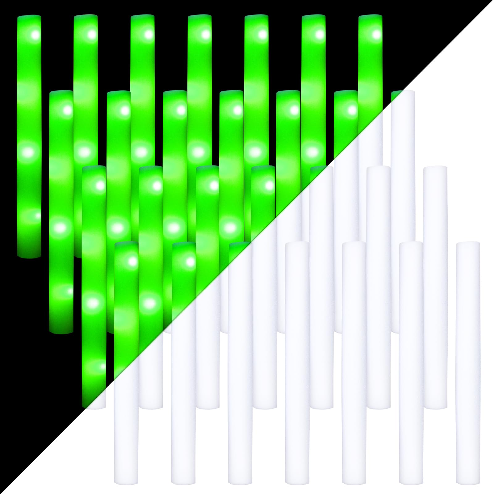 Cunno 50 Pcs LED Foam Stick 3 Modes Light up Glow in the Dark Foam Light Sticks 16 Inch Long Glow Wands for Wedding, Birthday, Rave, Concert, Camping, Festival, Battery Powered (Green)