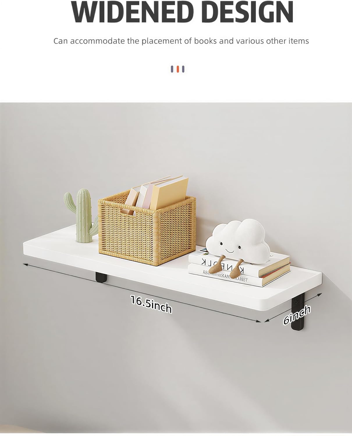 White Floating Shelves Set of 6 for Wall Decor, 16.5 Inch Floating Shelves for Bedroom, Bathroom, Living Room, Kitchen, Wood Wall Shelves with Brackets and Hardware Shelf Wood Plate Wood Bracket