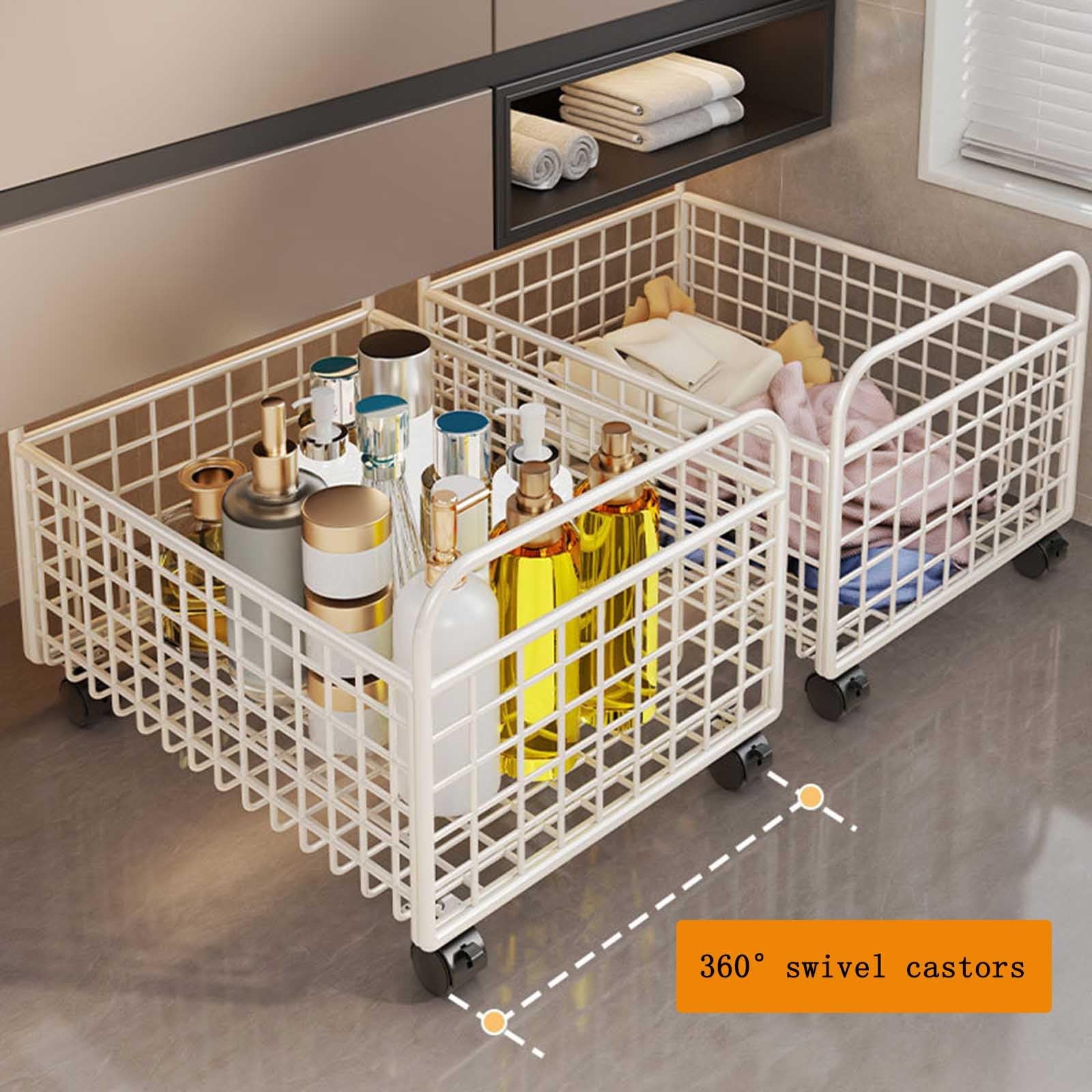 Cesta biancheria metallica bianca su ruote due manici ventilata per bagno | Cesta biancheria metallica bianca rete ruote manici bagno vestiti sporchi ventilata giocattoli(Weiß,48*30*25)