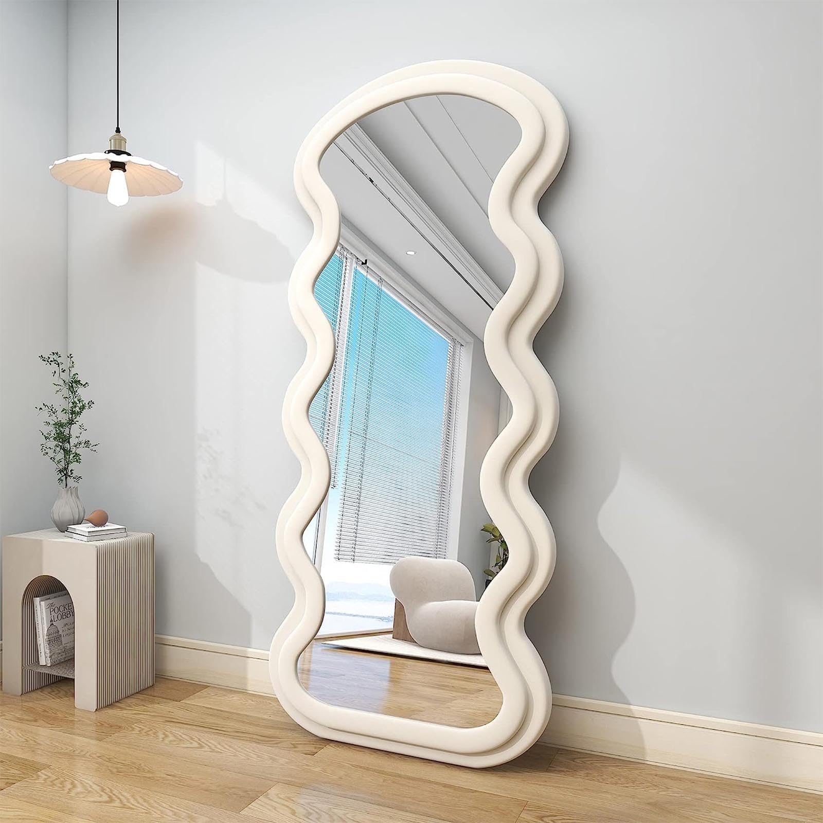 Specchio Asimmetrico Con Cornice In Legno Rivestita In Flanella – 81x61 Cm – Arancione – Per Soggiorno, Ingresso, Bagno