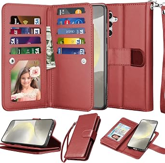 Njjex Galaxy S24 Case, for Samsung Galaxy S24 Wallet Case, [9 Card Slots] PU Leather ID Credit Holder Folio Flip [Detachable] Kickstand Magnetic Phone Cover & Lanyard for Samsung S24 [Wine Red]