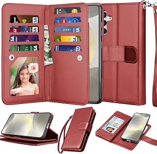 Njjex Galaxy S24 Case, for Samsung Galaxy S24 Wallet Case, [9 Card Slots] PU Leather ID Credit Holder Folio Flip [Detachable] Kickstand Magnetic Phone Cover & Lanyard for Samsung S24 [Wine Red]