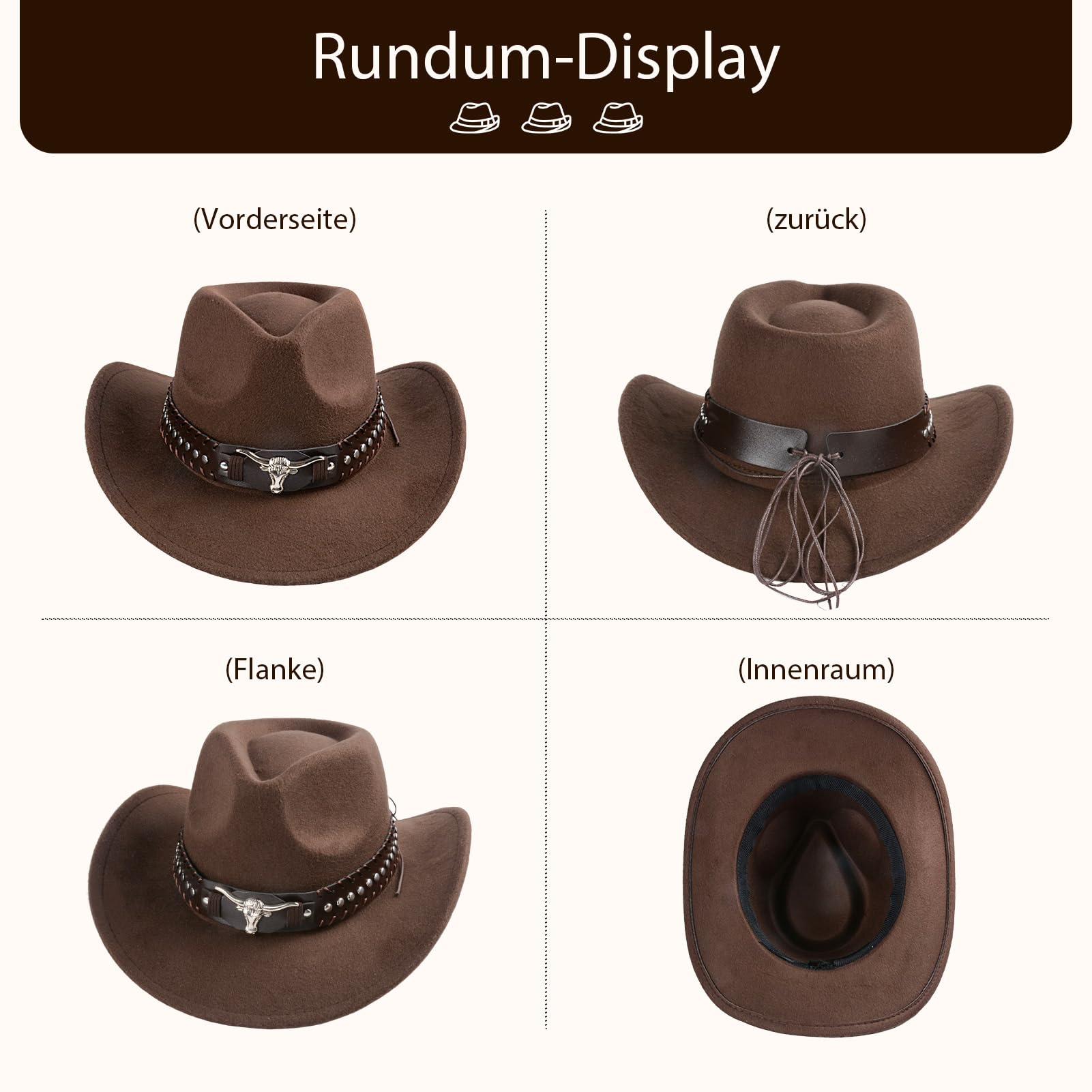 Lot de 2 chapeaux de cowboy occidental avec accessoires uniques tête de taureau - Bord vieilli - Chapeau de protection solaire d'extérieur en laine - Multifonctionnel - Unisexe - Avec sangle en cuir