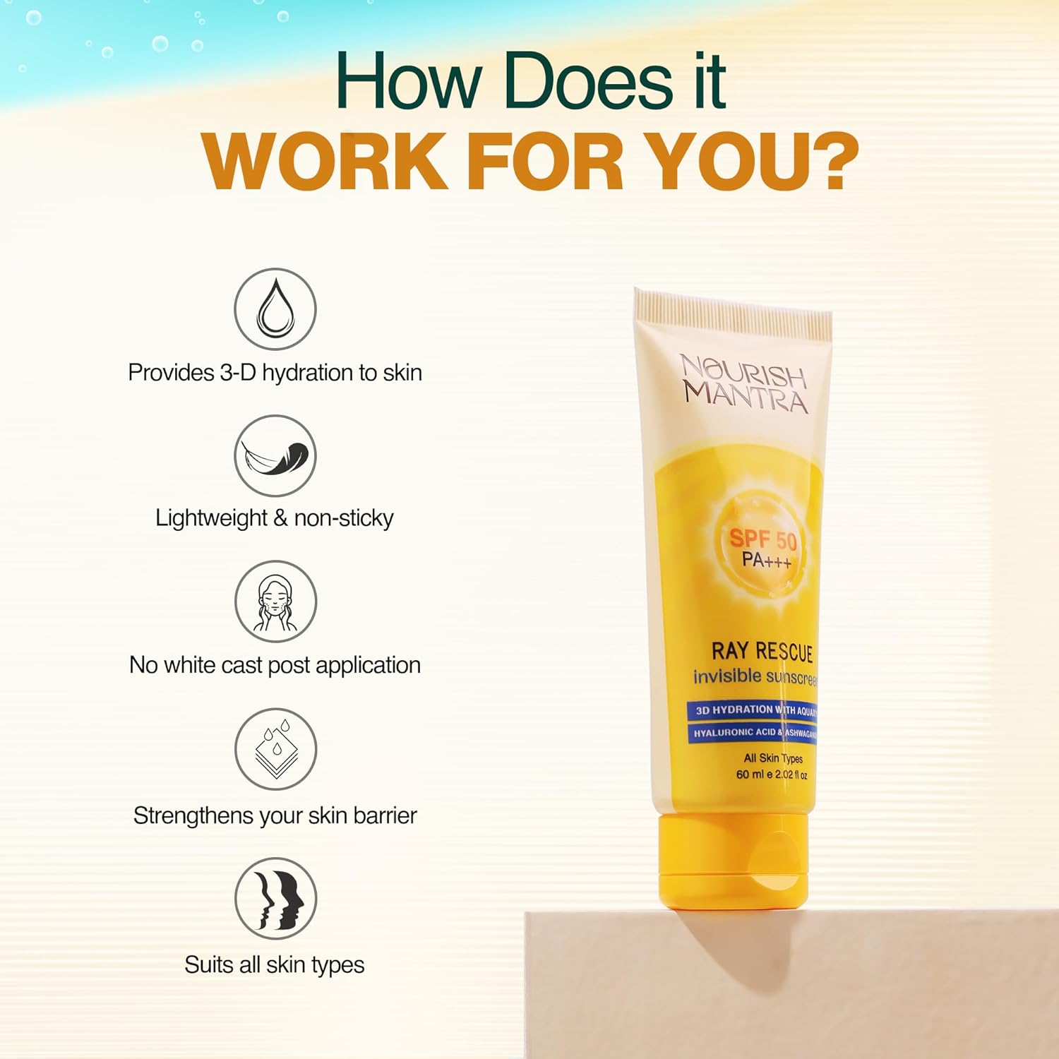 NOURISH MANTRA Ray Rescue Sunscreen/Sunscreen SPF 50/ With Hyaluronic Acid, Aquaxyl, Aloe Vera Extracts & Ashwagandha Extracts/No White Cast, (60 ml (Pack of 1))