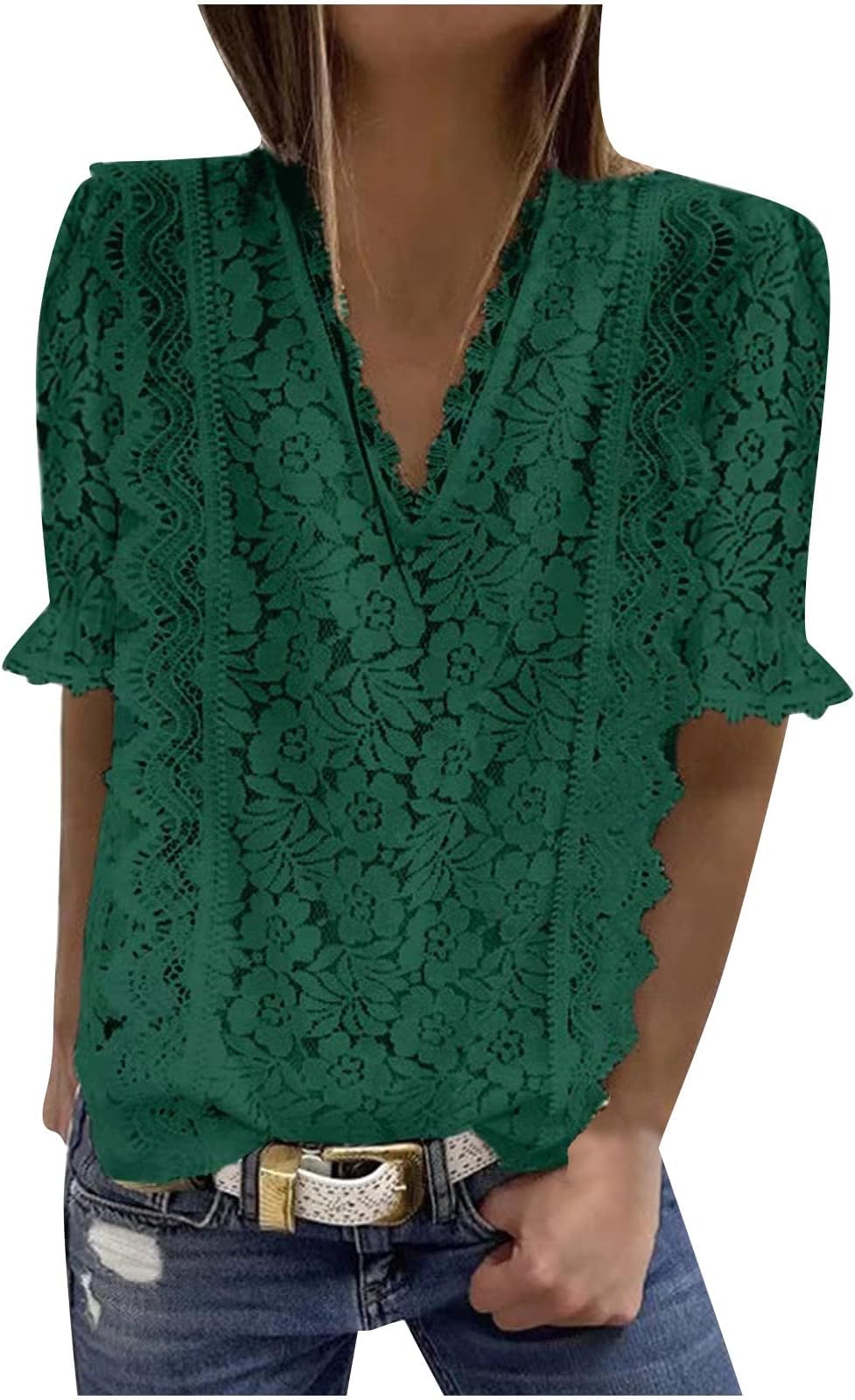 Ladies Tops Summer Casual Solid V-Neck Half Sleeve Lace T-Shirt Womens Tops Blouses T Shirts Vest Pullover