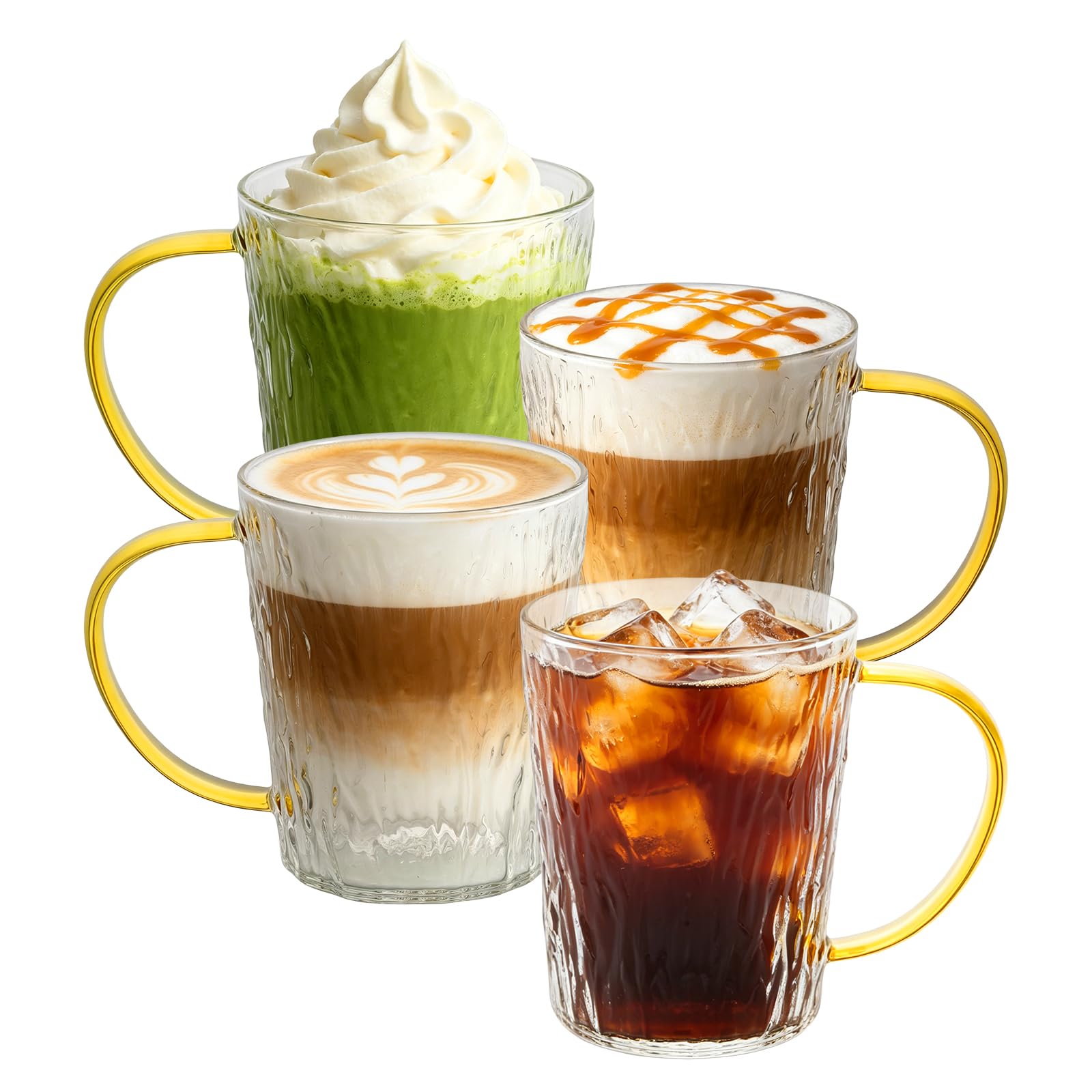 WEVVE Glass Cups 350ml Borosilicate Tea Coffee Mug with Handle Tumblers Glassware Set Iced Water Drinkware Juice Container (4, Gold Handle, 350, Millilitres)