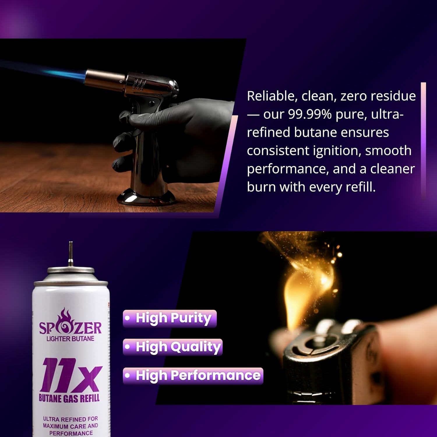 SPOZER 11X Ultra Pure Butane Fuel Refill – 99.99% Clean Butane Refill for All Refillable Jet Flame Lighters – Universal Butane Gas, 300ml (10.14 Oz) Cans, Pack of 12