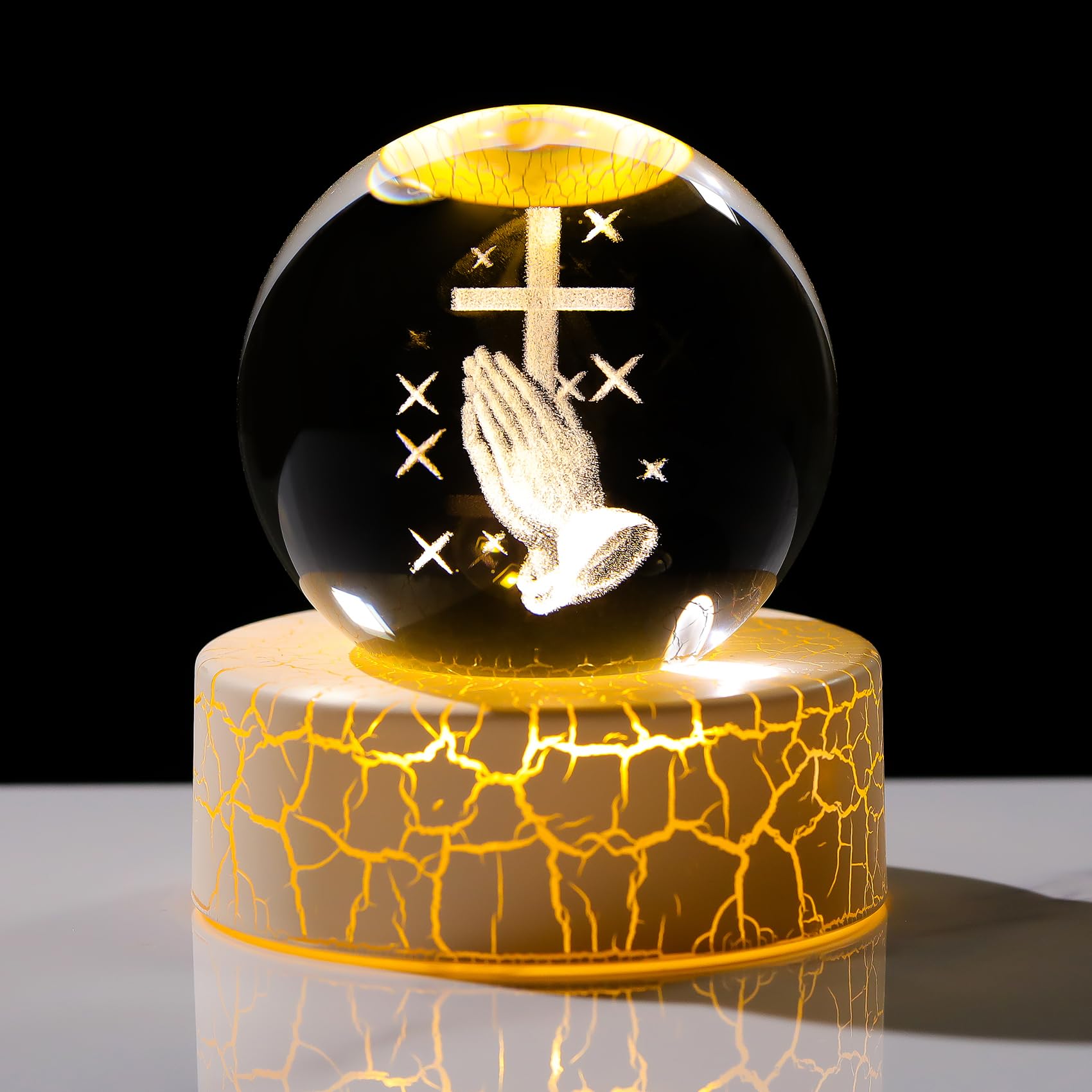 Movdyka Crystal 3D Cross in Praying Hands 2.36in Ball Statue Christian Gifts for Women Men Glass Religious Gift Sphere for Room with Warm Light Crucifix Catholic Presents for Home Ornaments