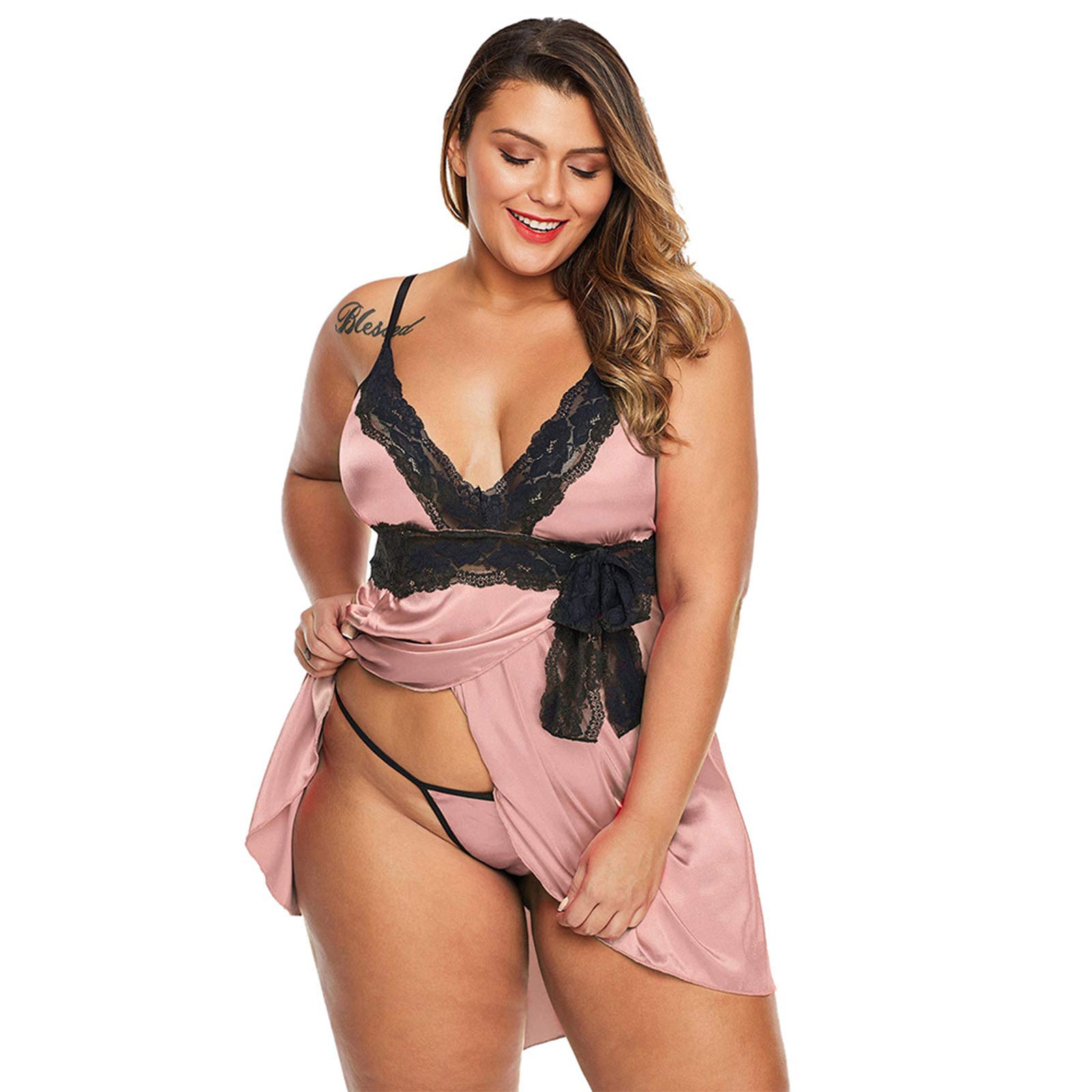 Sexy Satin-Nachthemd für Damen, Extra-Größe, Babydoll, mit Tanga, Sex-Nacht, für Paare