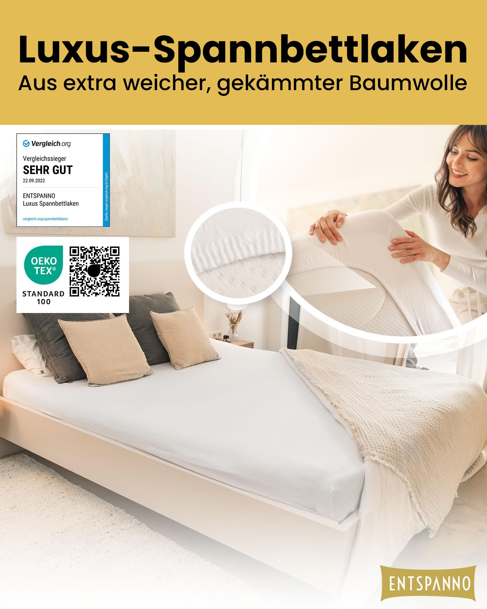ENTSPANNO Luxus Spannbettlaken 140x200 bis 160x220 cm - Aus weichem Premium Jersey - auch ideal für Wasser- u. Boxspringbett bis 35cm Höhe - Weiß
