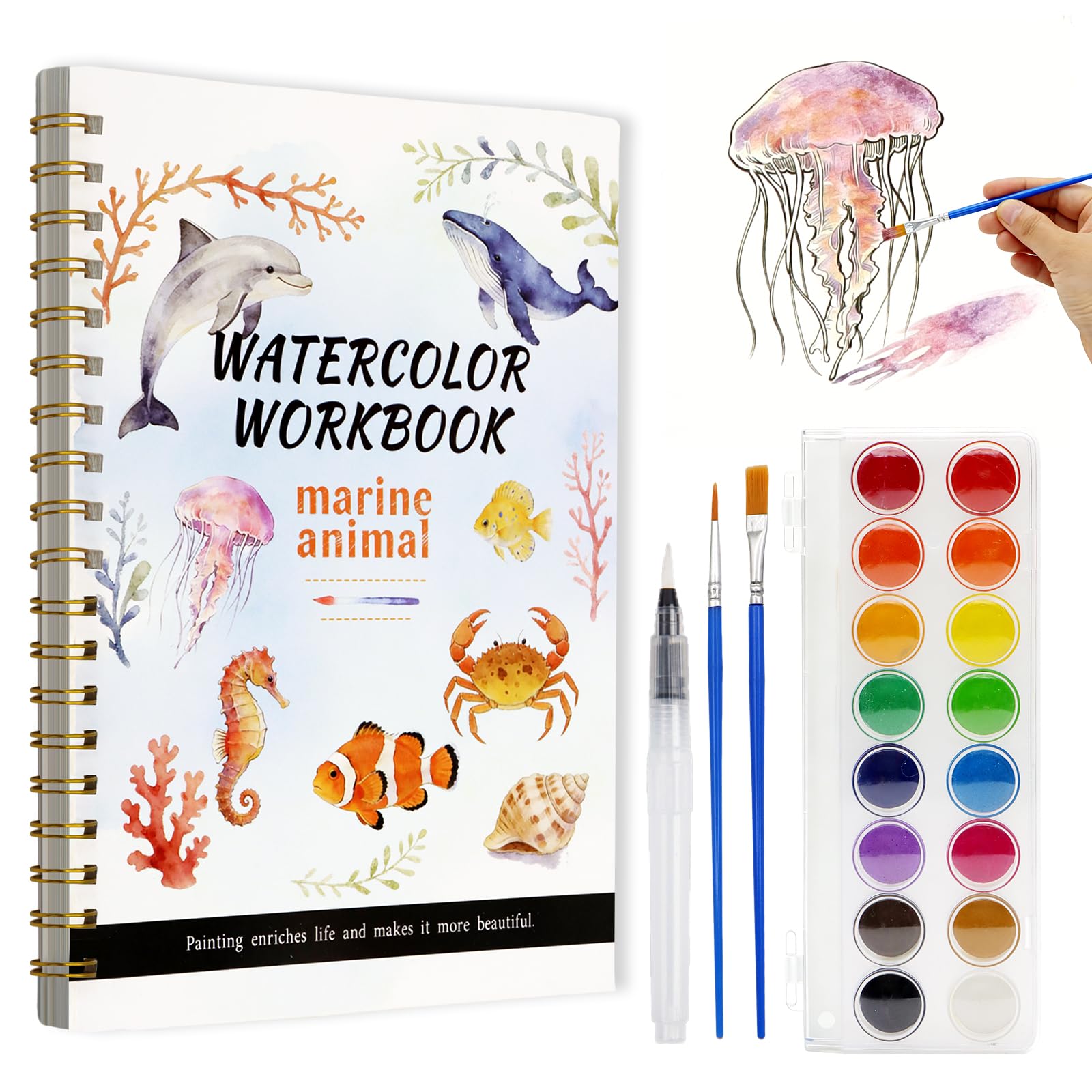 UKONWIT Watercolour Workbook for Adults – Watercolours colouring Book with 14 Watercolour Paintings, 16 colours, 3 Brushes & colour Mixing Guide – Large 200GSM Paper for Beginners & Art Enthusiasts