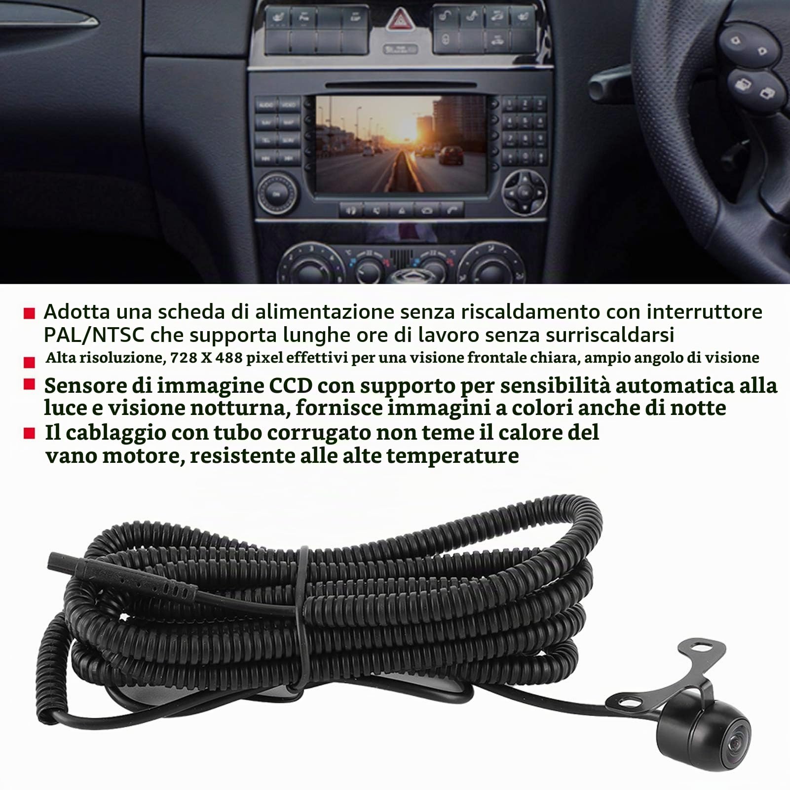 Telecamera CCD per auto, Mini telecamera frontale Sensore di immagine CCD universale Visione notturna Impermeabile con interruttore PAL/NTSC