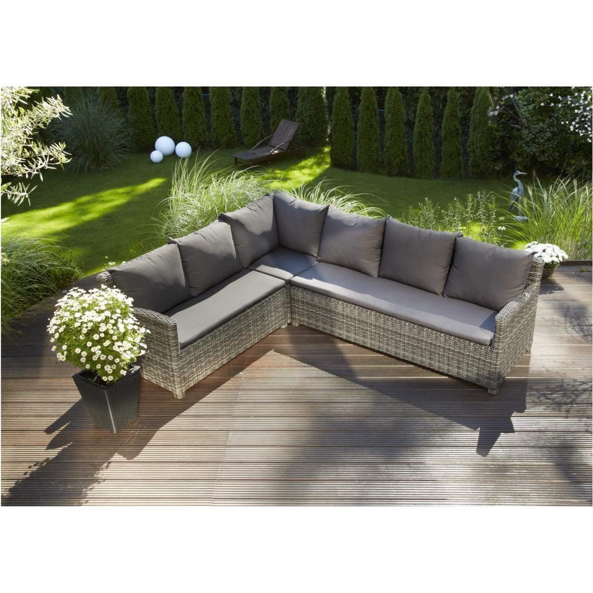 greemotion Salon de jardin anthracite en résine tressée 6 places Miami– Salon de jardin modulable avec table haute de jardin design et 2 poufs extérieurs - Salon d’été design et robuste