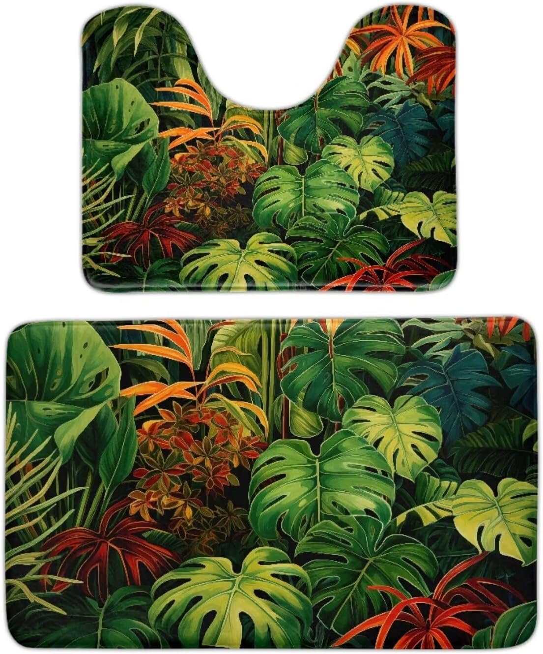 Tropical Leaves Bathroom Rugs Non Slip Bathroom Mats Green Bath Mats for Bathroom Rug Set Toilet Bath Mat U-Shaped Contour Toilet Rug