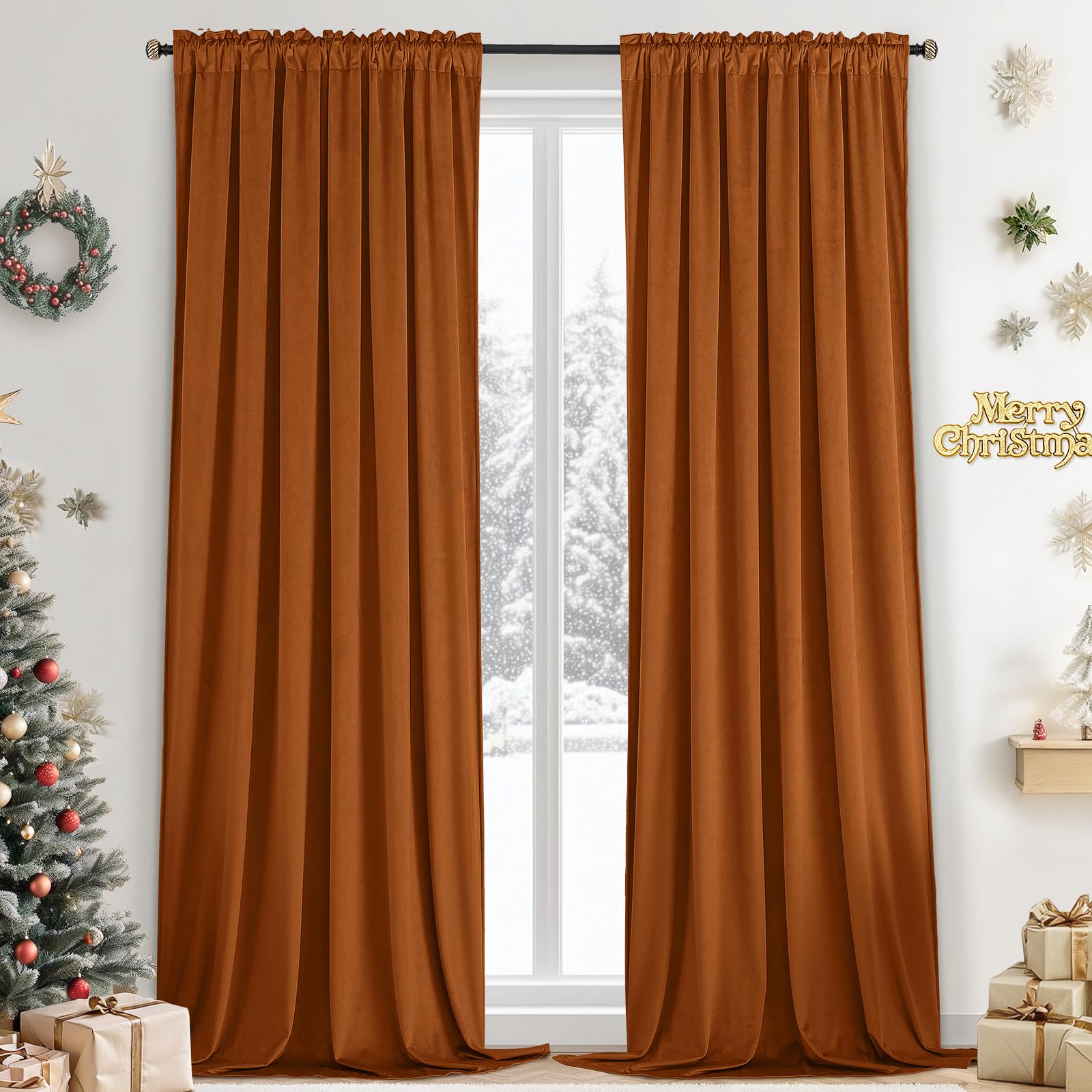 Yakamok Velvet Curtains 84 inches 2 Panels - Luxury Room Darkening Burnt Orange Curtains for Bedroom Living Room Thermal Insulated Super Soft Window Drapes Rod Pocket, Orange, W52 x L84 inches