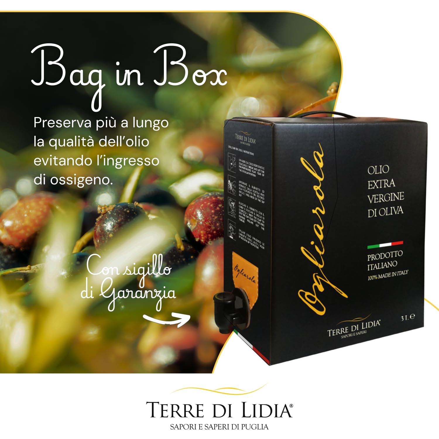 Terre di Lidia - Olio extravergine di oliva - 1 bag in box (3 L) - scatola con rubinetto laterale - Filiera corta - Varietà Ogliarola, Gusto Delicato - Produzione 100% italiana
