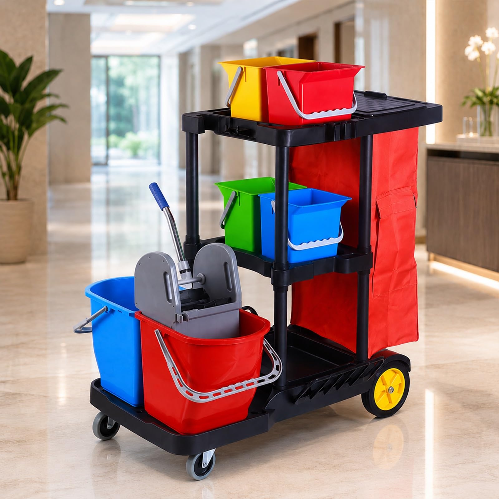 Cleaning Trolley on Wheels with 4 x 6 L Buckets and Bag,Janitorial cart, storage trolley, cleaning product carrier, for hotel and restaurant, 110 x 56 x 101(20 L Double Mop Bucket with Wringer)