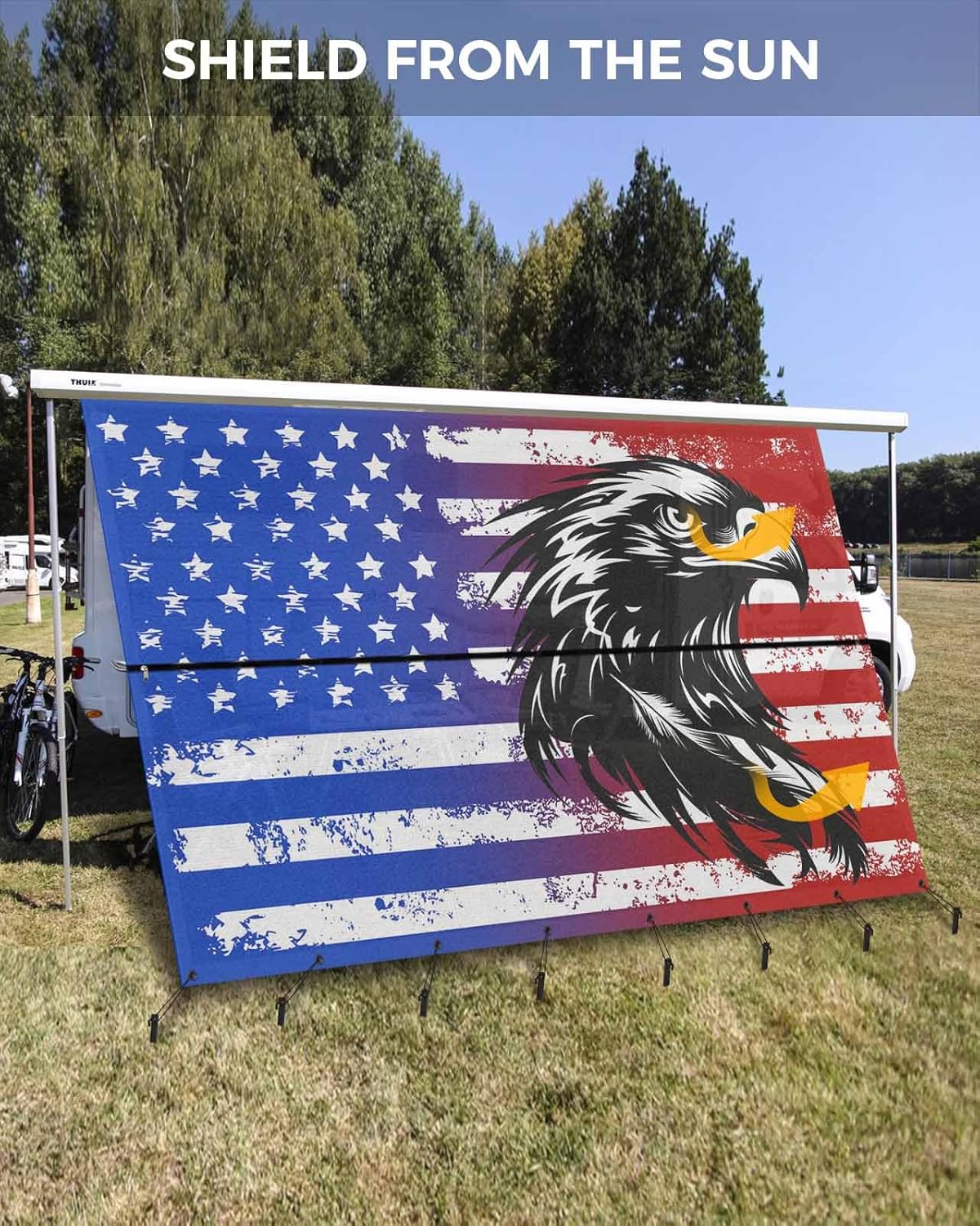 RV Awning Sun Shade Screen 9'X15.3' American Flag Mesh Sunscreen Patriotic Star Stripes Eagle Awning Shade Screen with Zipper UV Blocker Completed Kits Outdoor Canopy for RV Motorhome Camper Trailer