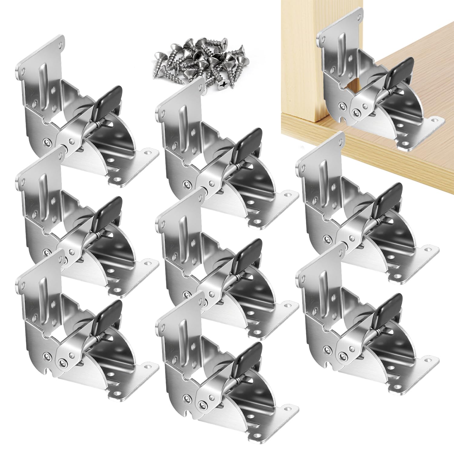 Folding Brackets 8 Pack, Heavy-Duty Self-Locking Hinges with Screws, Foldable Lock Extension Support Brackets for Table Legs, Bed Legs, Workbenches – Silver