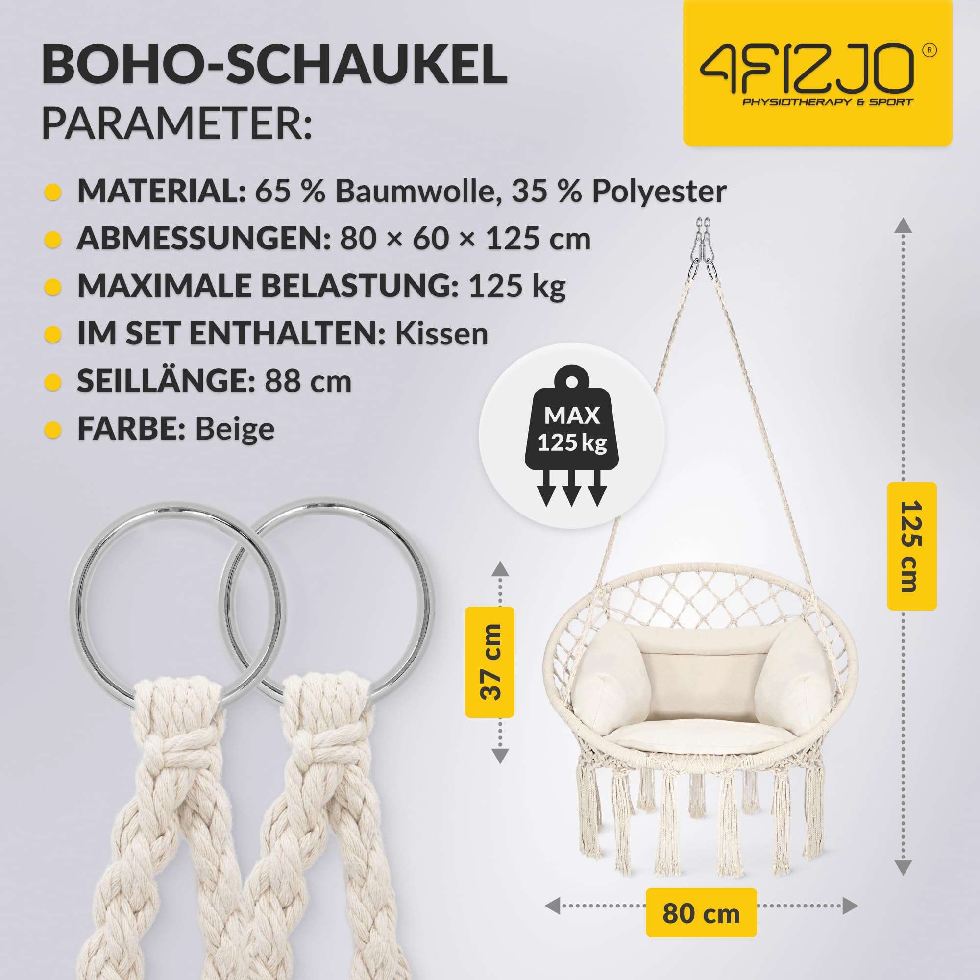 4FIZJO Hängesessel Boho mit Kissen, Makramee hängesessel, Garten schaukel, Hängekorb, Schaukelkorb, Therapieschaukel Kinder, Hängesessel Indoor & Outdoor, Hängesitz, Maximale Belastung 125 kg, Beige