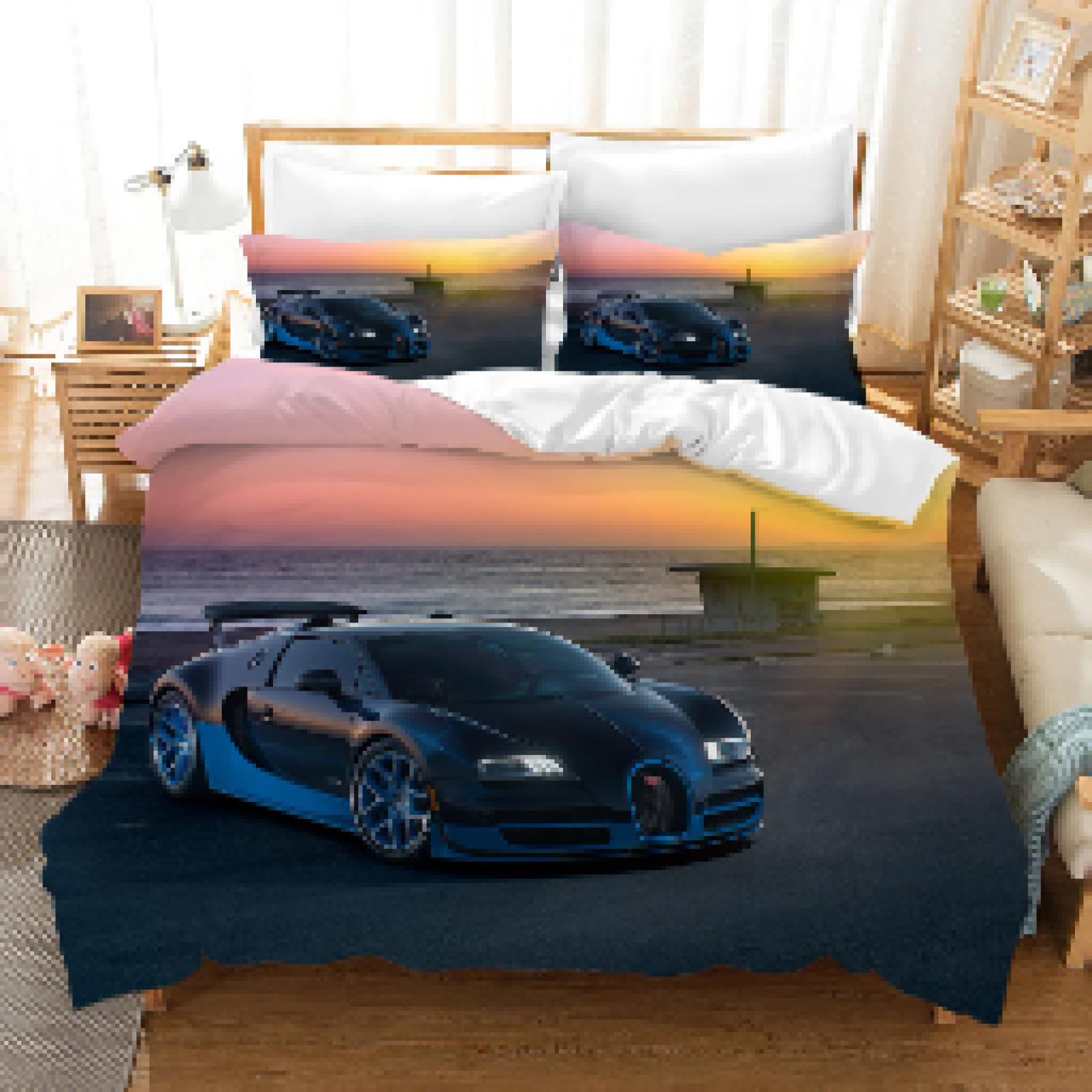 Parure de lit voiture de sport comprenant housse de couette 173x218 et taies d'oreiller 70x70