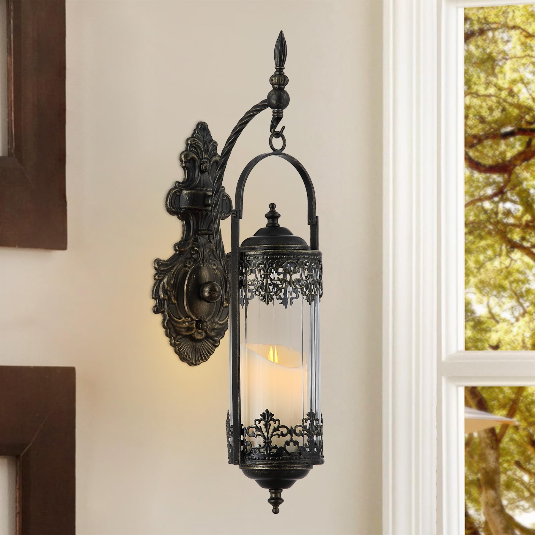 RONGHUAFUGUI Rustic Candle Sconce with Glass Vintage Antique Gothic Hanging Lantern Candle Holder Retro Indoor Outdoor Mid Centry Wall Décor Sconce