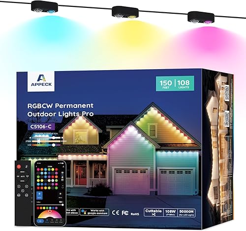 APPECK Luces permanentes para exteriores Pro de 150 pies, 108 W RGBCW aleros de luz con 108 luces LED, 80 lm, cortables, 111 modos de escena,