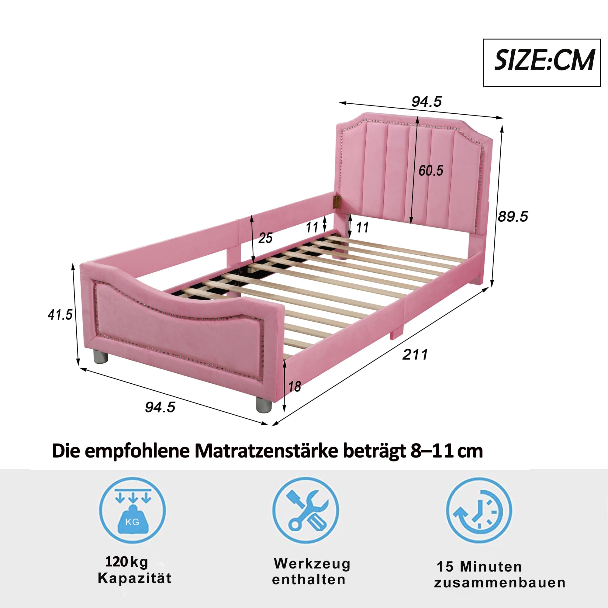 HAINEW Łóżko dziecięce, tapicerowane, 90 x 200 cm, z zagłówkiem i stelażem, flanelowe, łóżko pojedyncze, sofa do spania, łóżko dla gości z podłokietnikami, dla chłopców lub dziewczynek (różowe)
