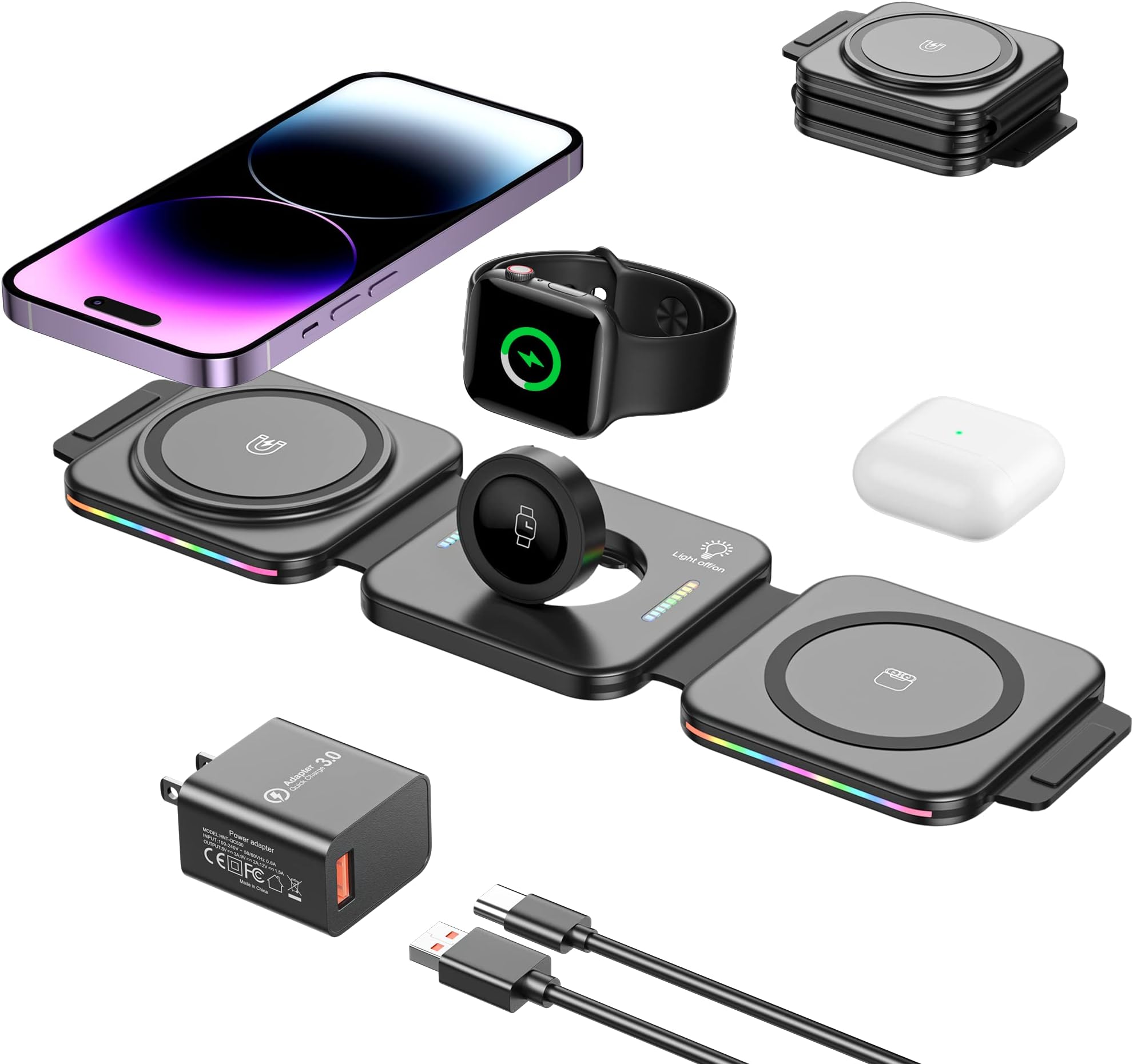 Avarmora Wireless Charger 3 In 1 QI Inductive Charging Station Foldable Wireless Charging Station For Wireless Charging Headset, Apple Watch And IPhone 15/14/13/12/11/ Pro/Max/X/XS/XR /8/8 Plus