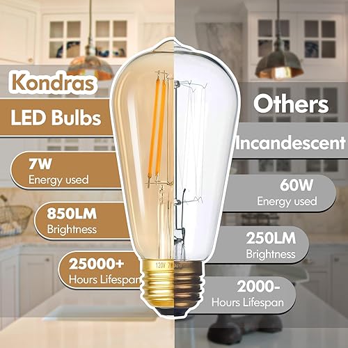 Miniatura 3 de – Bombillas LED regulables de 7 W, bombillas Edison equivalentes a 60 W, bombillas LED vintage de vidrio ámbar ST58, luz blanca cálida 2700 K, base