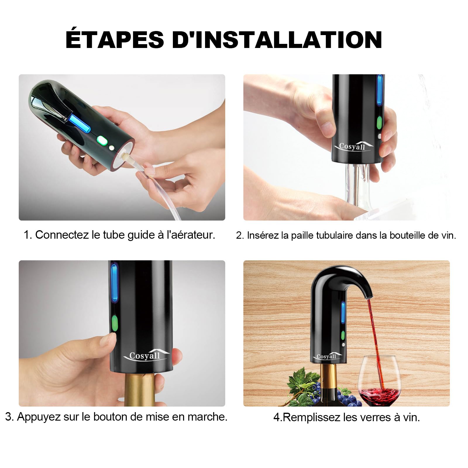 Cadeau Fête des Pères - Aérateur à vin électrique, Décanteur à vin électrique distributeur de vin automatique à un bouton Oxygénation rapide du vin rouge (Noir)