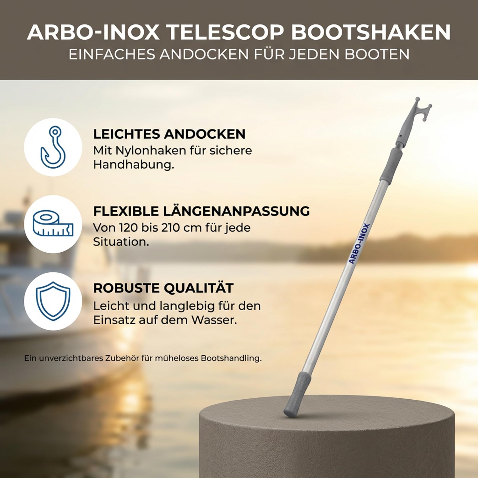 ARBO-INOX Bootshaken Teleskop Schleusenhaken ALU 120-210 cm – Stabiler Aluminium-Haken – Verlängerter Arm an Bord
