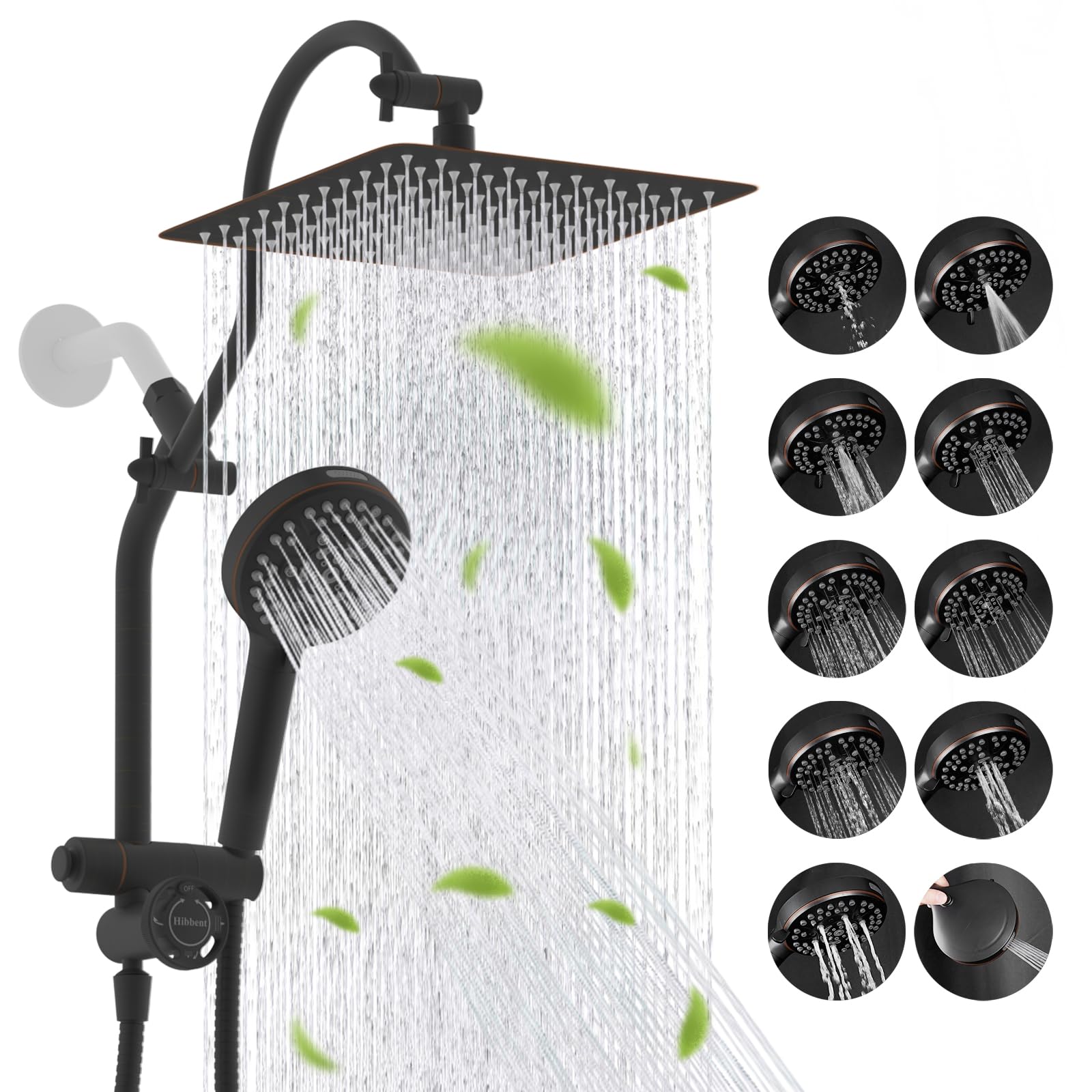 Hibbent High Pressue All Metal 10" Rainfall Shower Head, Handheld 10-Spray
