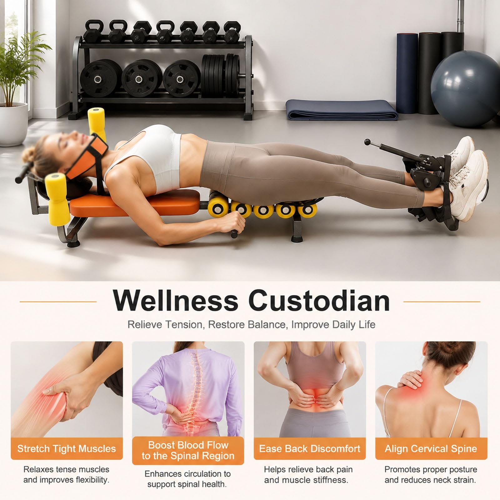 Panca per inversione con trazione cervicale per allungamento della Schiena | Tavolo per trazione total body fitness, trazione spinale per zona lombare e rilassamento del corpo