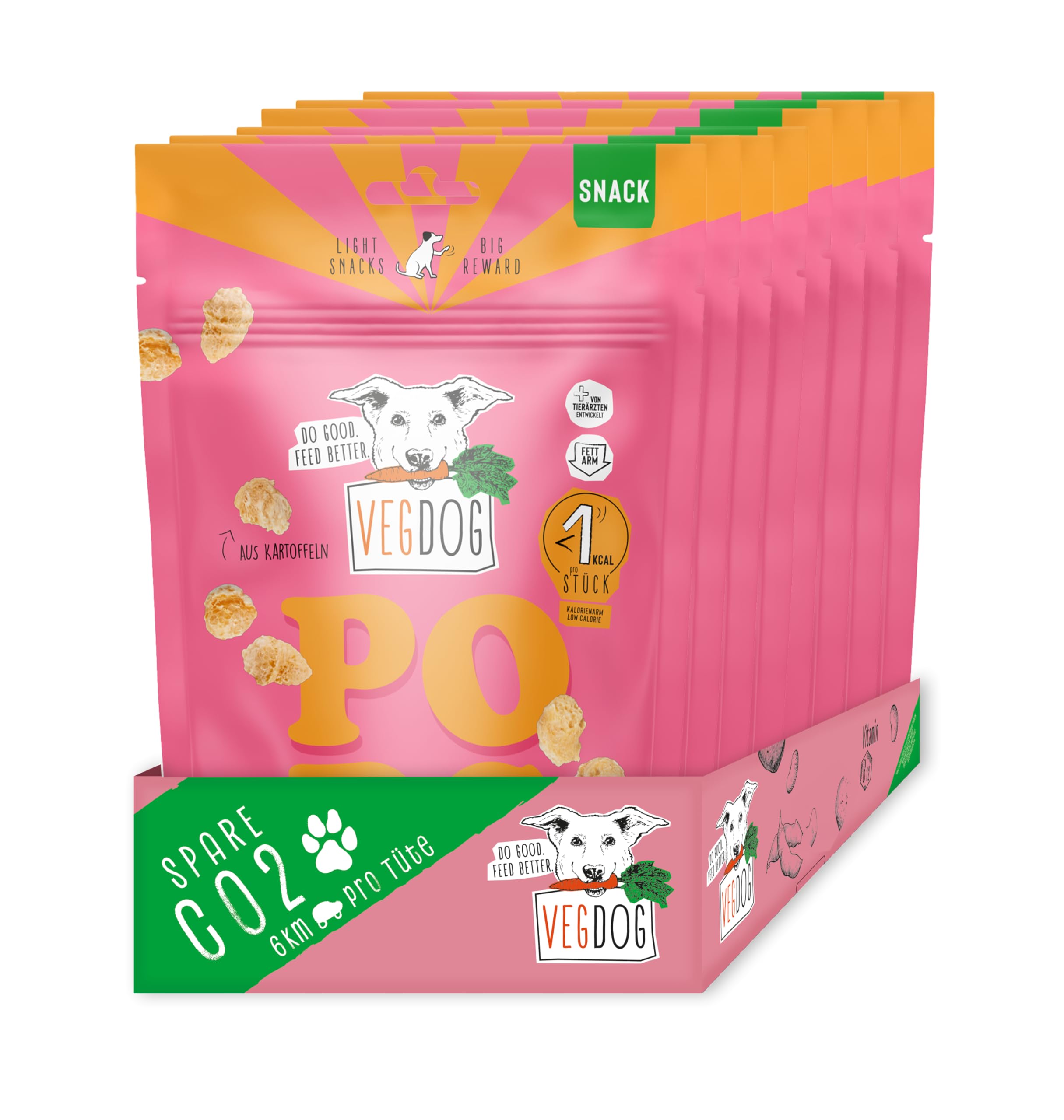 VEGDOG Pops hypoallergenes Hundepopcorn (10 x 20 g) | fettarmer und kalorienarmer Snack | Trainingssnack für Allergiker mit Kartoffel und Bierhefe